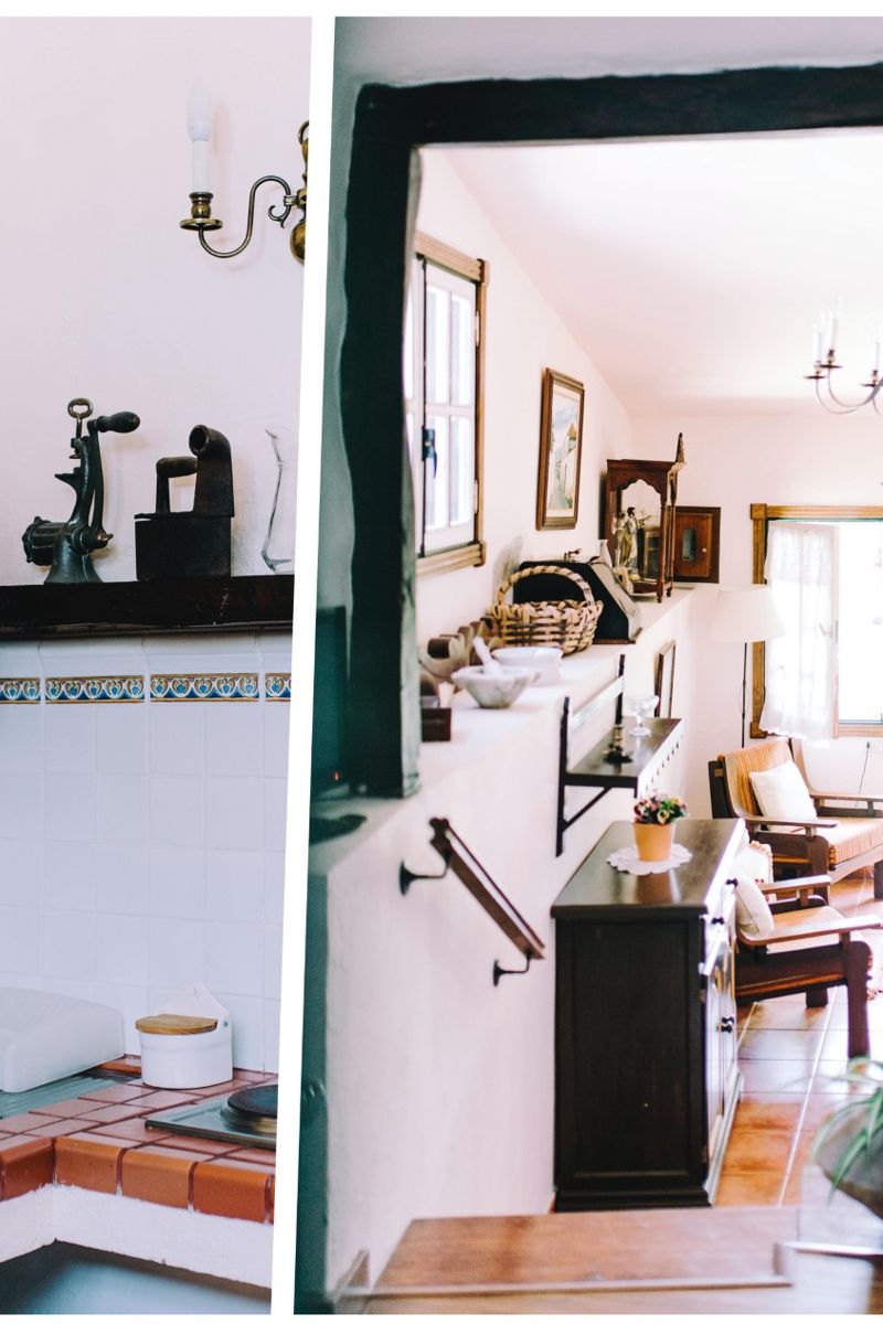 Keuken en woonkamer met rustieke decoratie in een huis op Tenerife.
