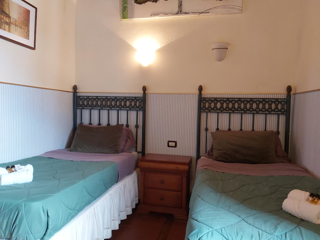 Twee eenpersoonsbedden met metalen hoofdborden en nachtkastje in de kamer van Tenerife.
