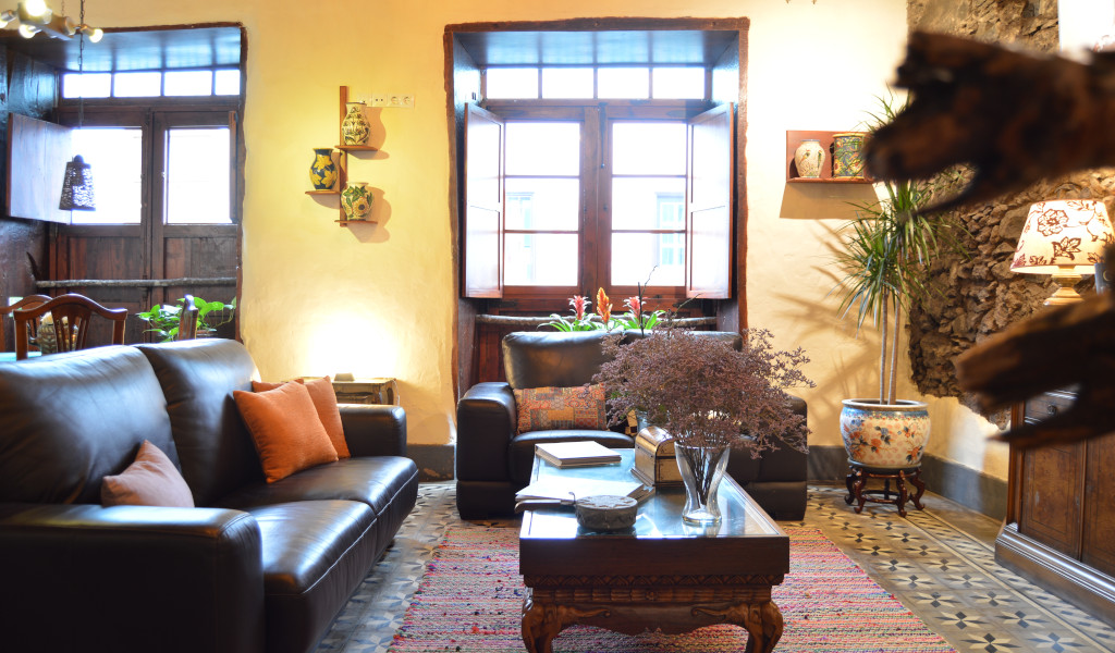 Woonkamer met donkere fauteuils, salontafel en planten bij het raam op Tenerife.