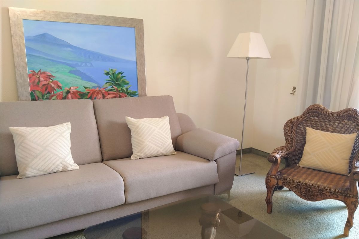 Grijze bank met kussens en Teide-schilderij in de woonkamer op Tenerife.