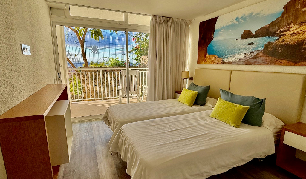 Hotelkamer met eenpersoonsbedden, balkon en kustlandschapschilderijen op Tenerife.