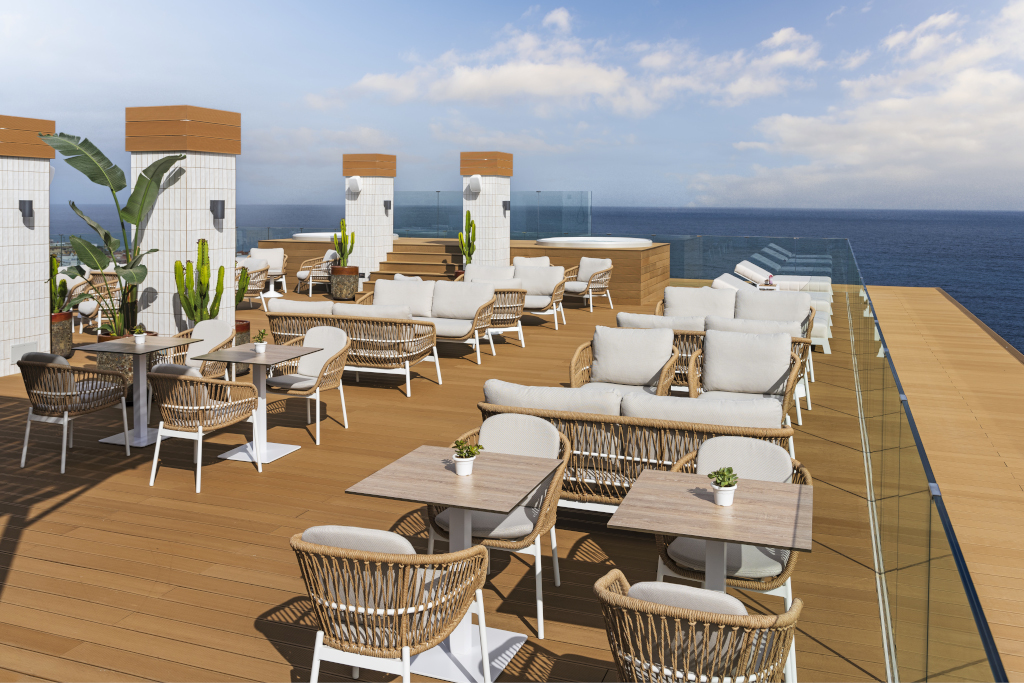 Terras met tafels en stoelen met uitzicht op zee in Santa Cruz de Tenerife.