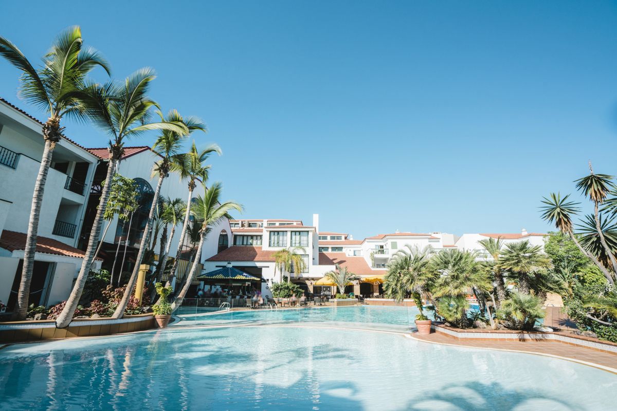 Zwembad omringd door palmbomen en gebouwen op Tenerife.