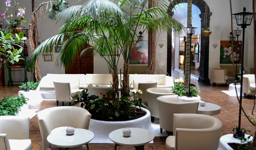 Woonkamer met planten en meubels in een hotel op Tenerife.
