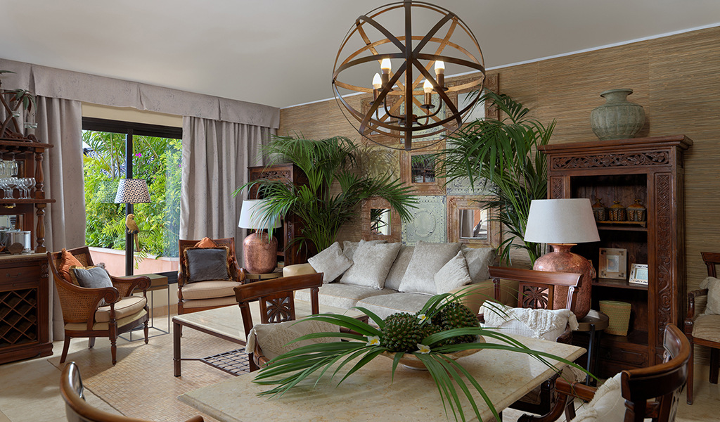 Woonkamer met rustiek meubilair en planten in een huis op Tenerife.