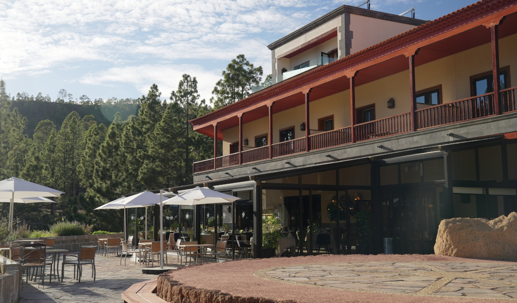 Restaurantterras in een hotel omringd door dennenbomen op Tenerife.