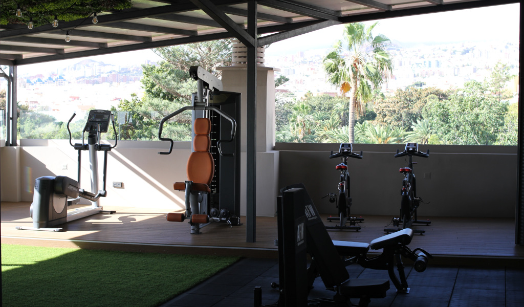 Buitengym met uitzicht op Tenerife, fitnessapparatuur en hometrainers.