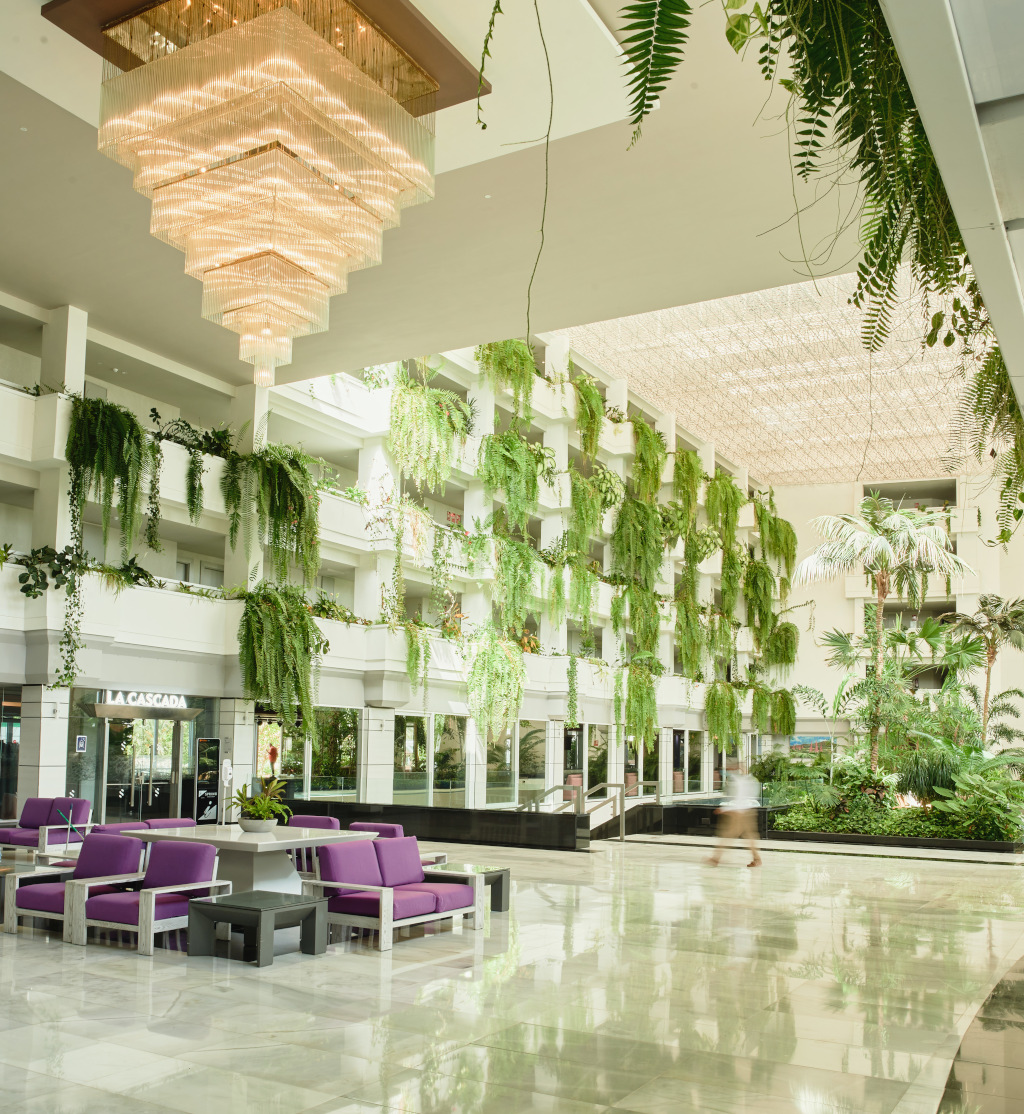 Hotellobby op Tenerife met hangplanten en paarse zitplaatsen.