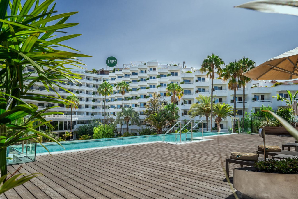 Zwembad en terras met palmbomen in een hotel op Tenerife.