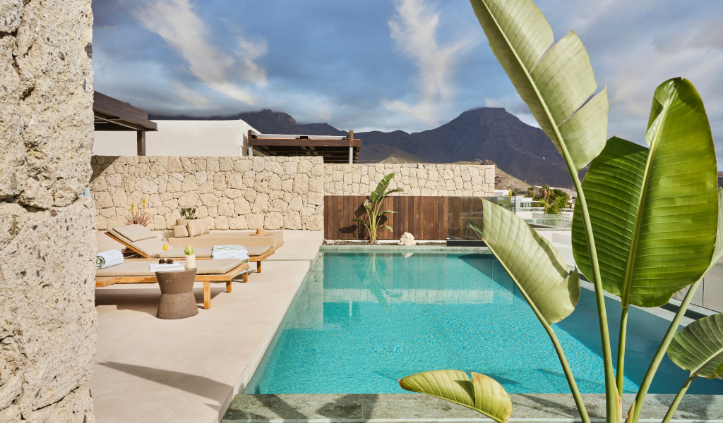 Buitenzwembad met ligstoelen en planten, bergen op de achtergrond op Tenerife.