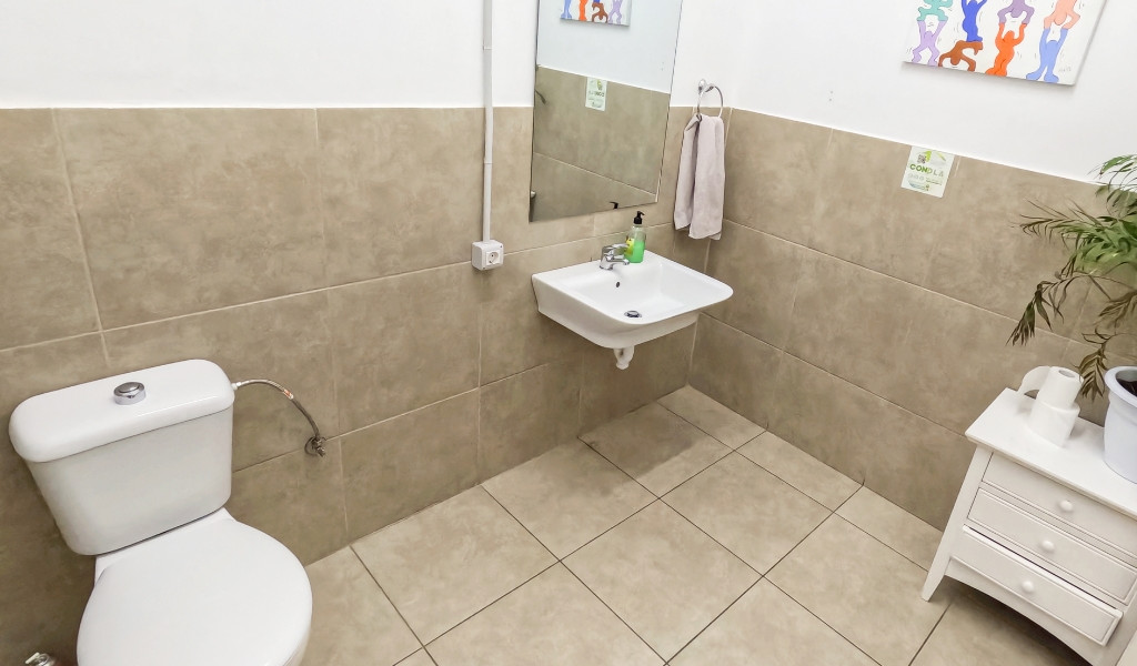 Badkamer met toilet, wastafel, spiegel en sierplant op Tenerife.
