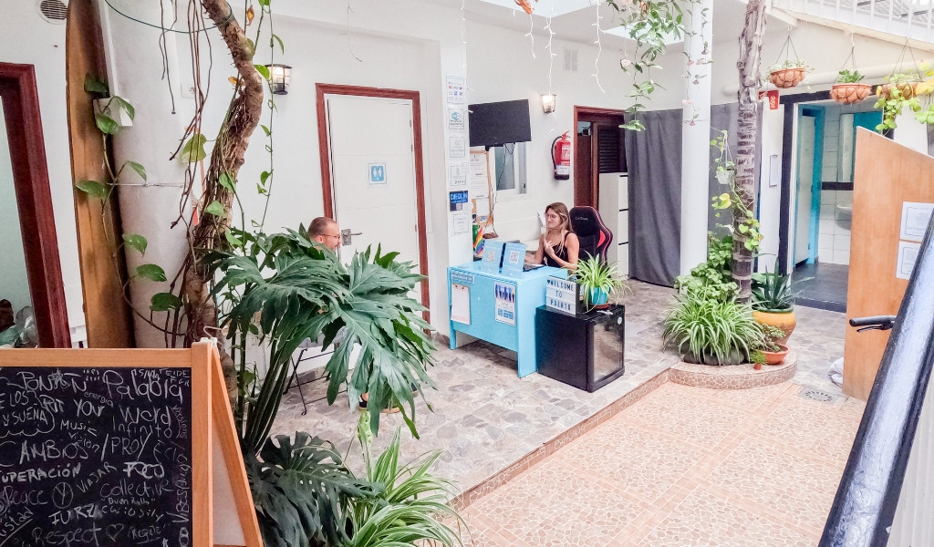 Receptie versierd met planten in een kantoor op Tenerife, bord zegt Welkom bij Poëzie.