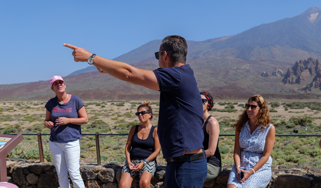 Groep mensen op een rondleiding in het Nationaal Park Teide, Tenerife.
