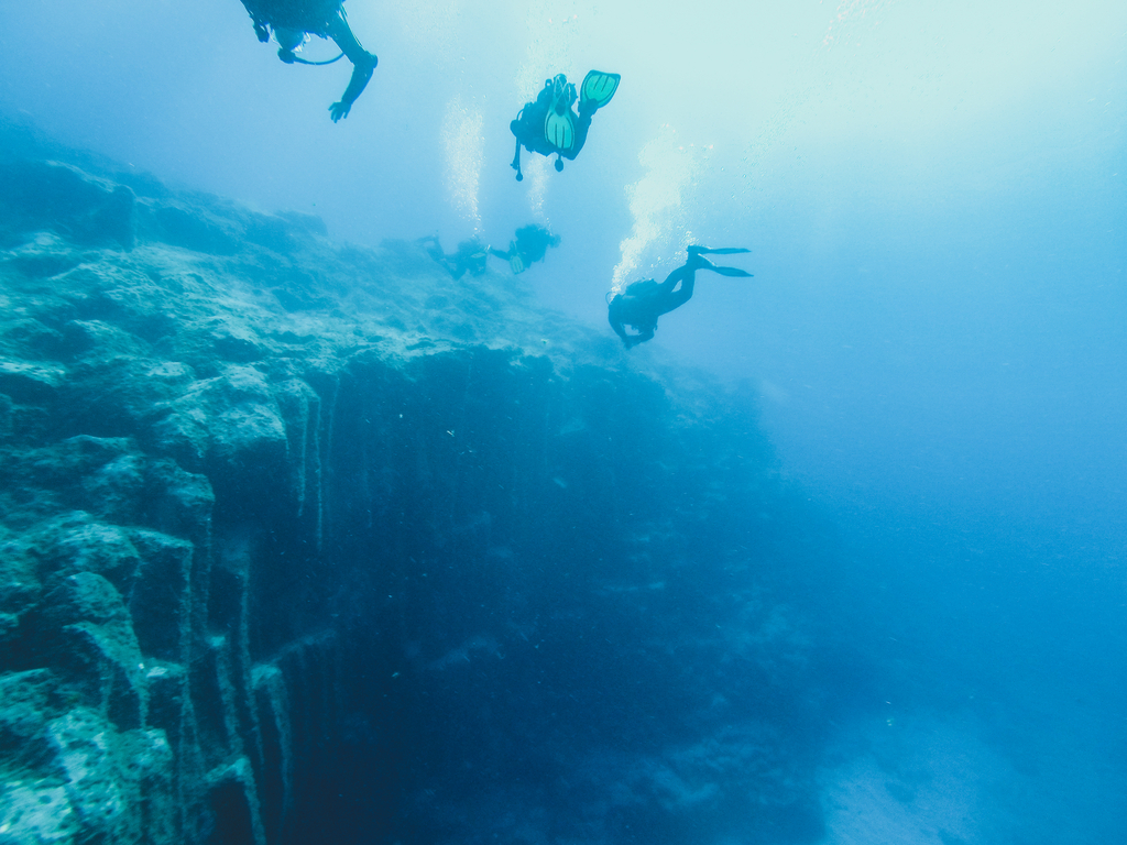 Duikers die de zeebodem op Tenerife verkennen.