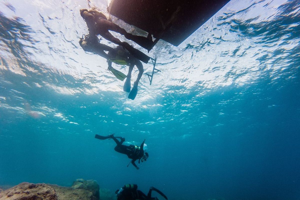 Duikers die de zee verkennen onder een boot op Tenerife.