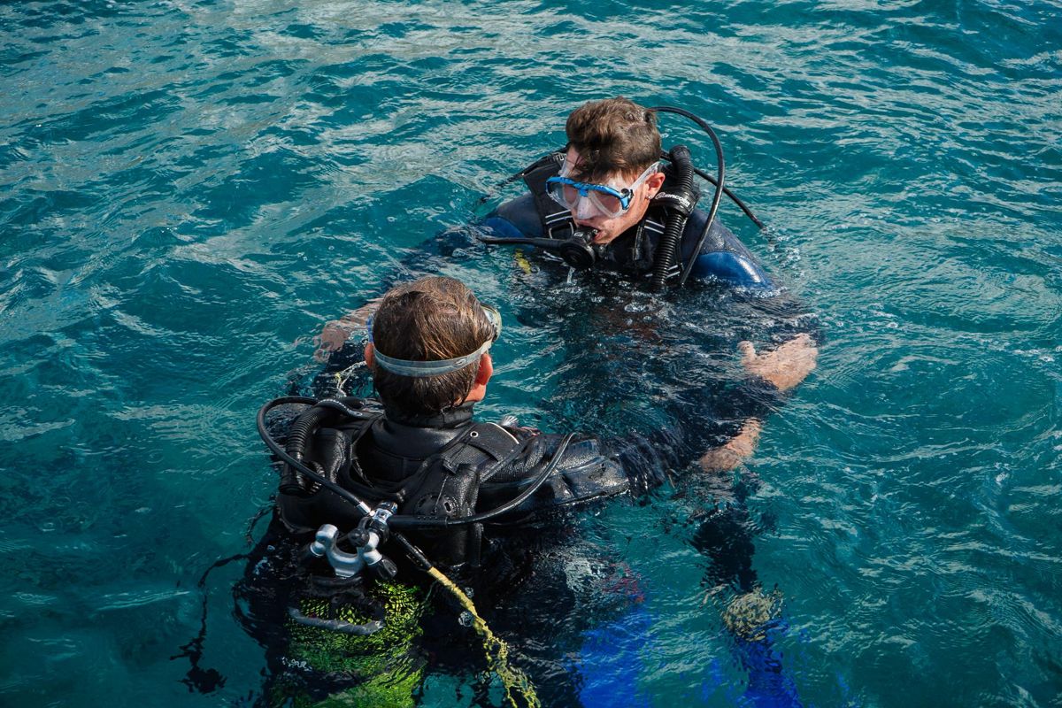Duikers die praten in het water nabij de kust van Tenerife.