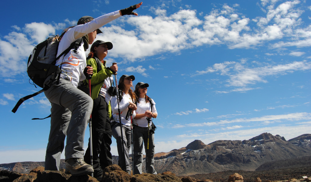 Groep wandelaars in het Nationaal Park Teide, Tenerife, met bergen op de achtergrond.