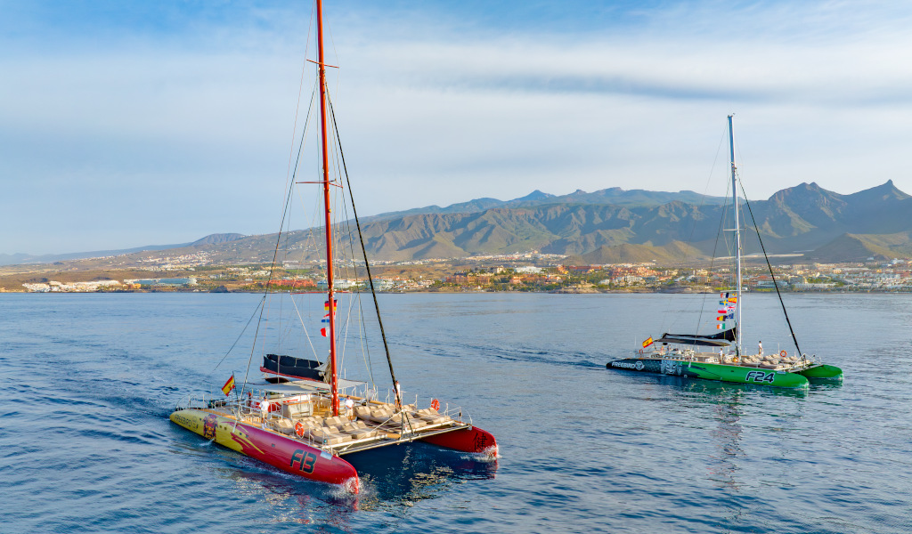Catamarans varen dicht langs de kust van Tenerife met bergen op de achtergrond.