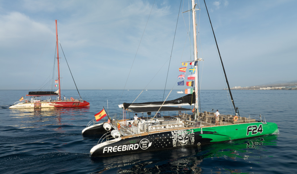 Freebird-catamarans op zee nabij de kust van Tenerife met vlaggen gehesen.