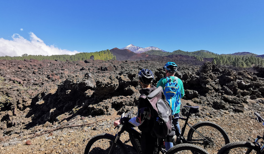 Twee fietsers kijken naar het vulkanische landschap nabij de berg Teide op Tenerife.