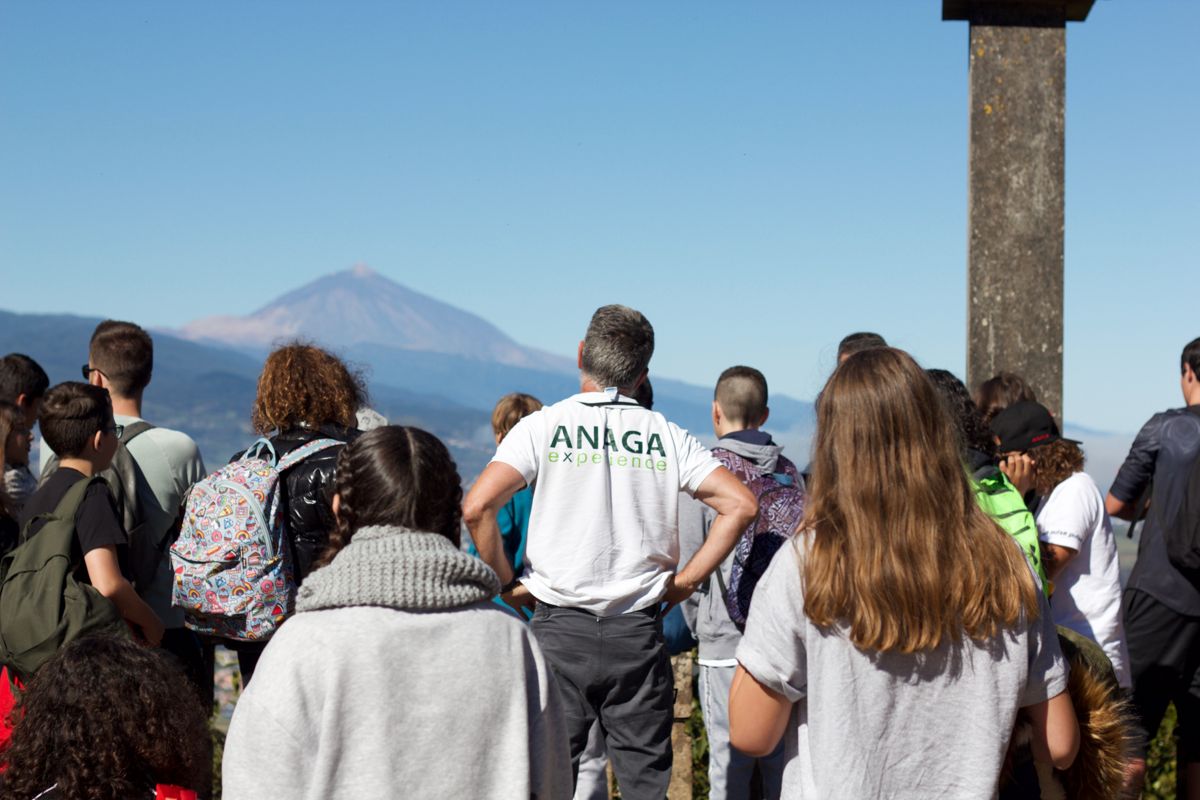 De groep observeert het landschap met de berg Teide op de achtergrond, gids die een ANAGA-ervaring T-shirt draagt.