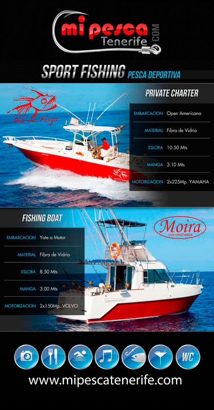 Sportvissersboot op Tenerife met details van technische specificaties.