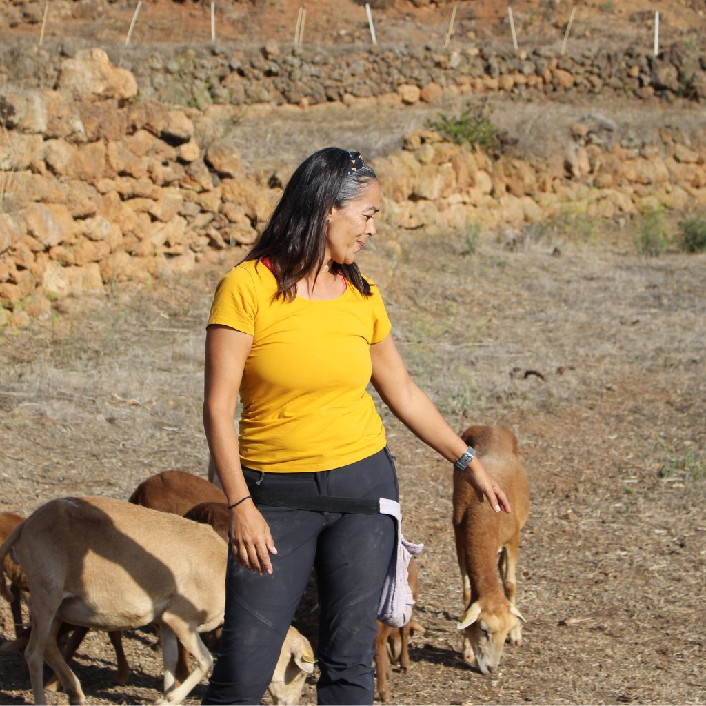 Vrouw naast geiten die grazen op een landelijk stuk land op Tenerife.