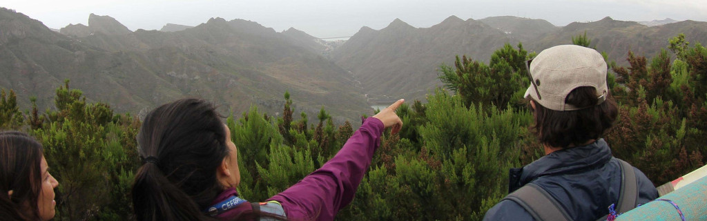 Ontdekkingsreizigers observeren bergen en vegetatie op Tenerife.