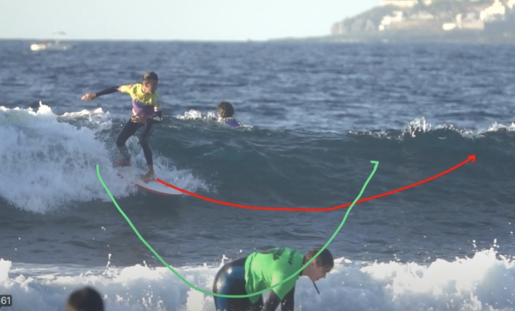 Surfer die op een golf rijdt aan de kust van Tenerife, met twee overlappende slagen.