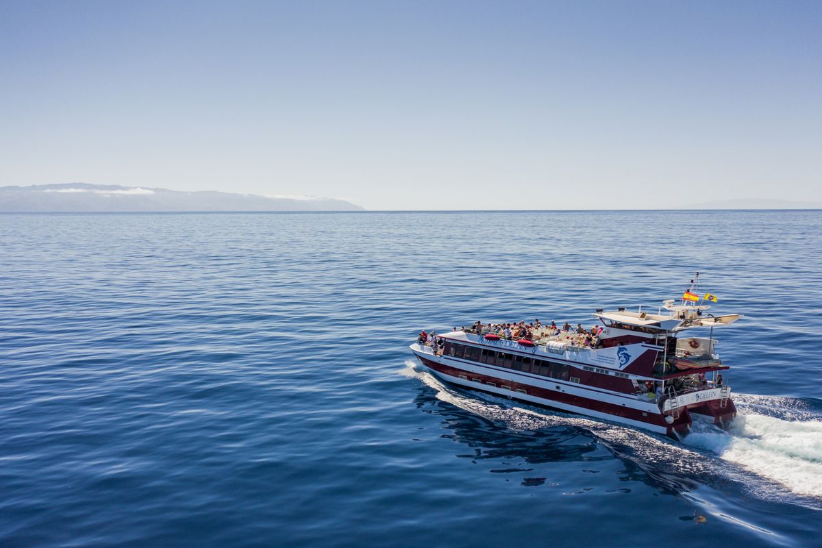 Sightseeingboot die op een heldere dag nabij Tenerife vaart.