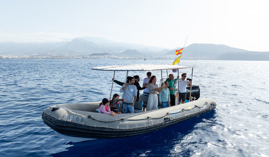 Mensen op een boot op zee bij Tenerife met bergen op de achtergrond.