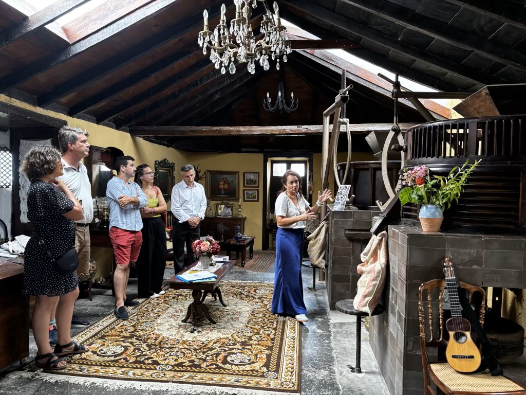 Groep mensen in een traditionele Canarische kamer op Tenerife, luisterend naar een uitleg.