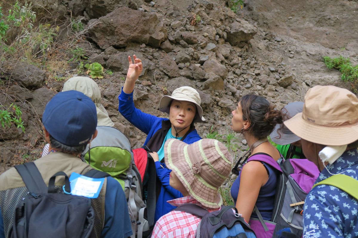 Groep wandelaars in een gesprek over rotsformaties op Tenerife.