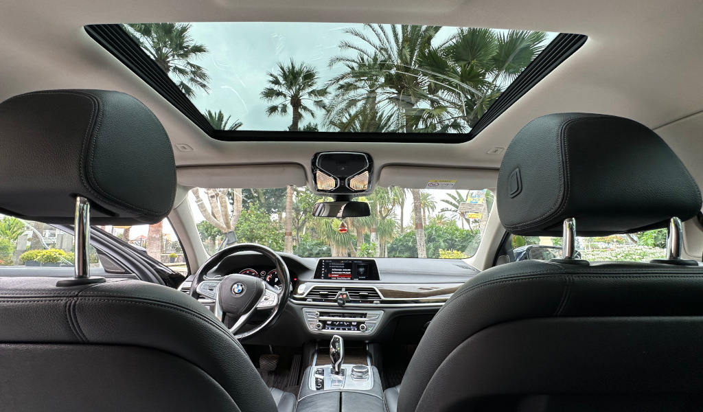 Interieur van een auto met een panoramisch dak, Tenerife-palmen zichtbaar buiten.