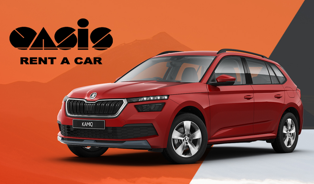 Rode Skoda Kamiq auto met Oasis Rent a Car logo, Tenerife.