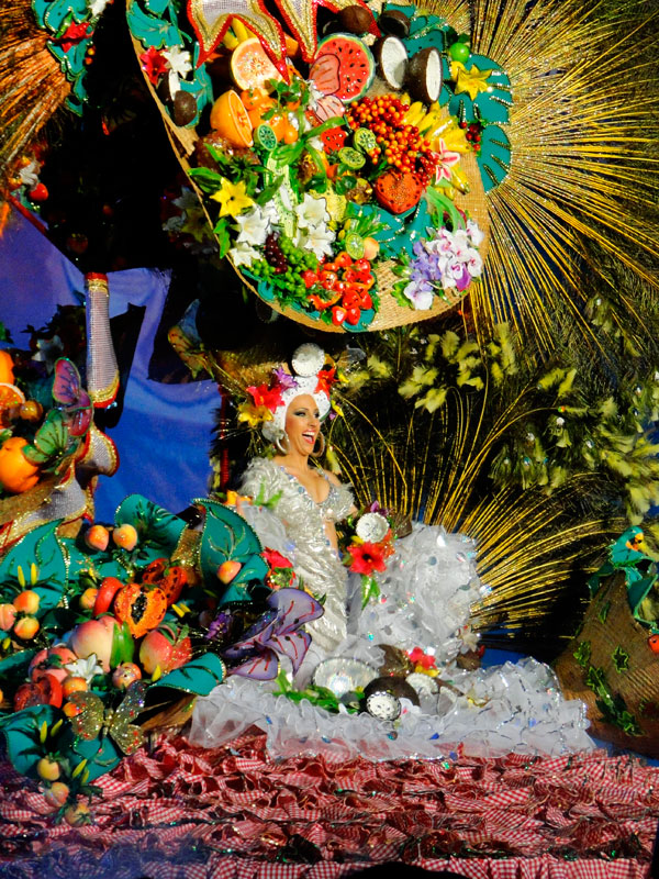 Glimlachend persoon in kleurrijk fruit- en bloemenkostuum, deelnemend aan het Tenerife Carnaval.