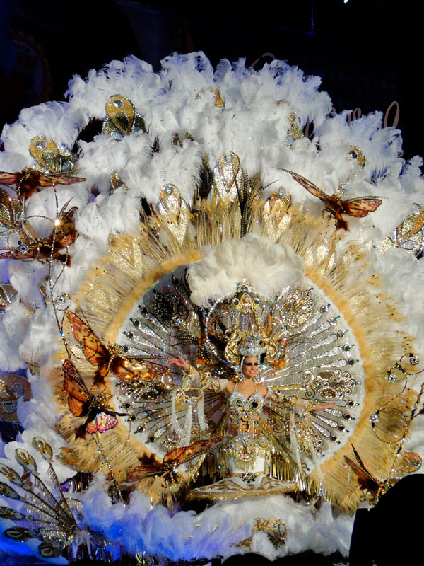 Carnavalskostuum met veren en vlinders in Santa Cruz de Tenerife.