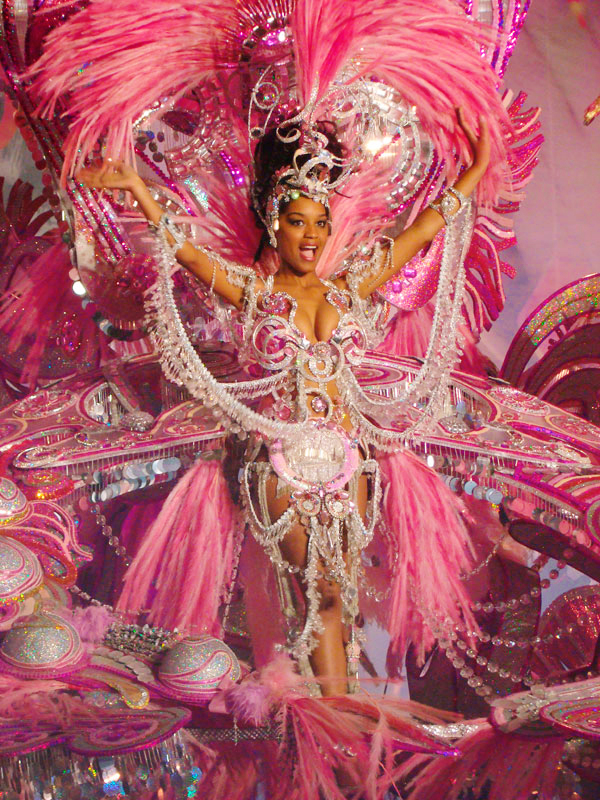 Persoon in roze kostuum en veren op het carnaval van Santa Cruz de Tenerife.
