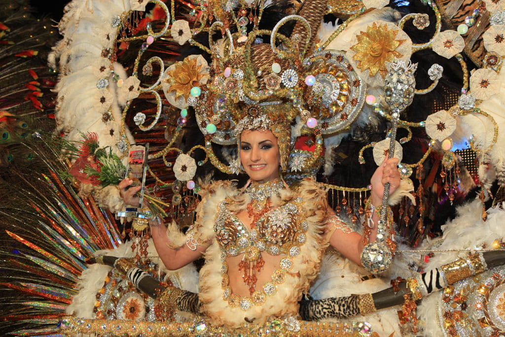 Persoon in extravagante kostuum op het Carnaval van Santa Cruz de Tenerife.