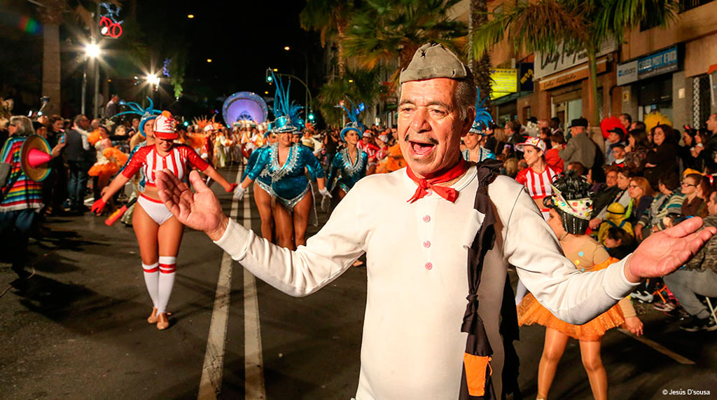 Carnavalsnachtparade in Santa Cruz de Tenerife met kleurrijke kostuums.