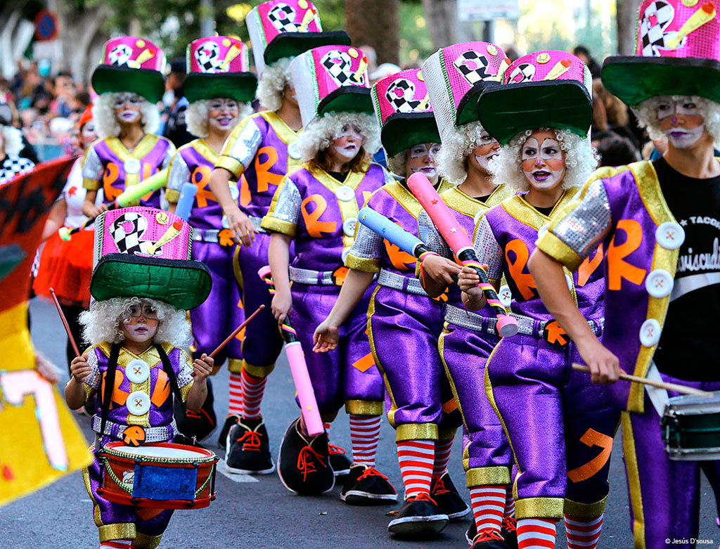 Groep mensen in kostuum bij een carnavalsparade in Santa Cruz, Tenerife.