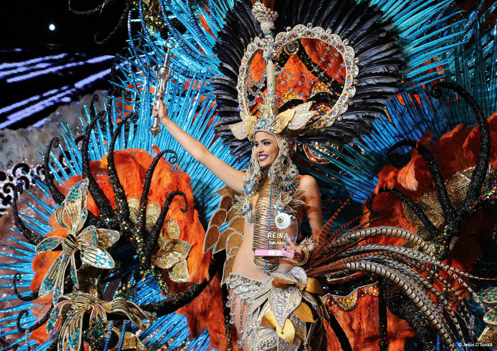 Persoon in kleurrijke kostuum en kroon tijdens het carnaval van Tenerife.