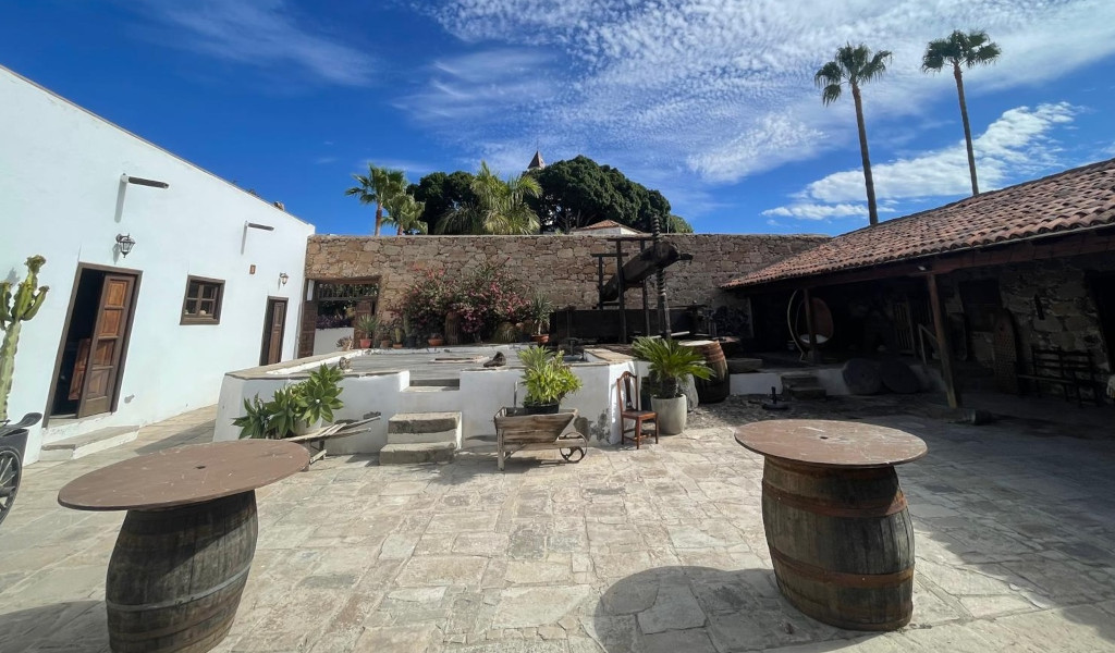 Traditioneel terras met vaten en planten in Icod de los Vinos, Tenerife.