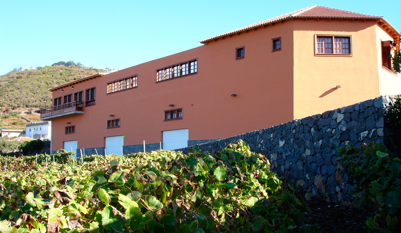 Terracottakleurig gebouw en wijngaarden in San Juan de la Rambla, Tenerife.