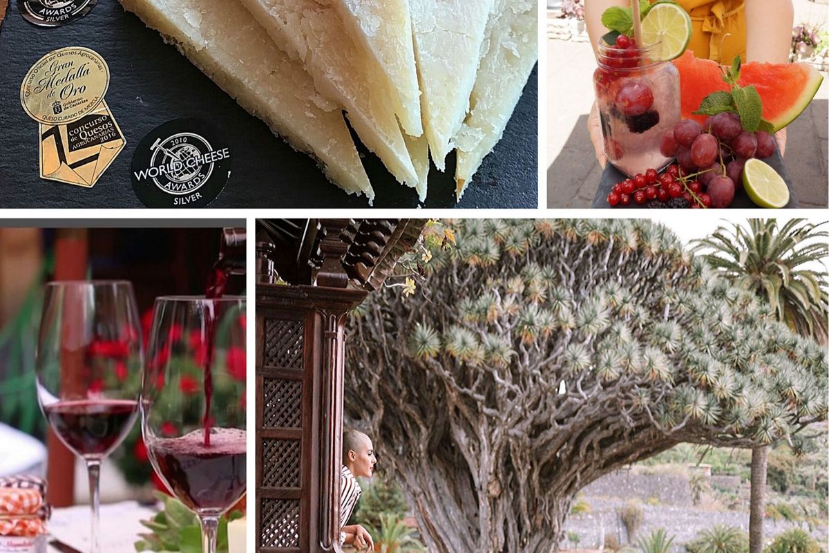Bekroonde kaas, fruitdrank, glazen wijn en drakenboom in Icod de los Vinos, Tenerife.