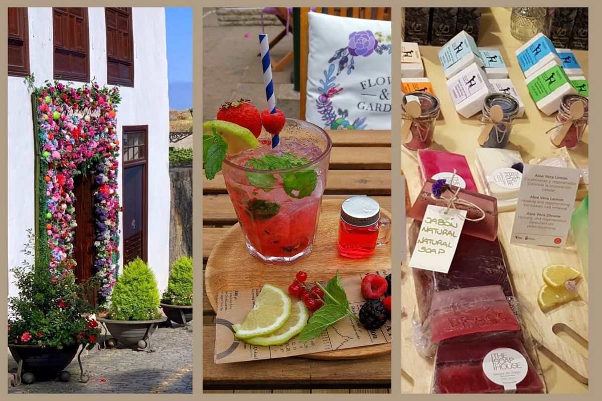 Bloemige gevel, cocktail met fruit en ambachtelijke zepen in La Orotava, Tenerife.