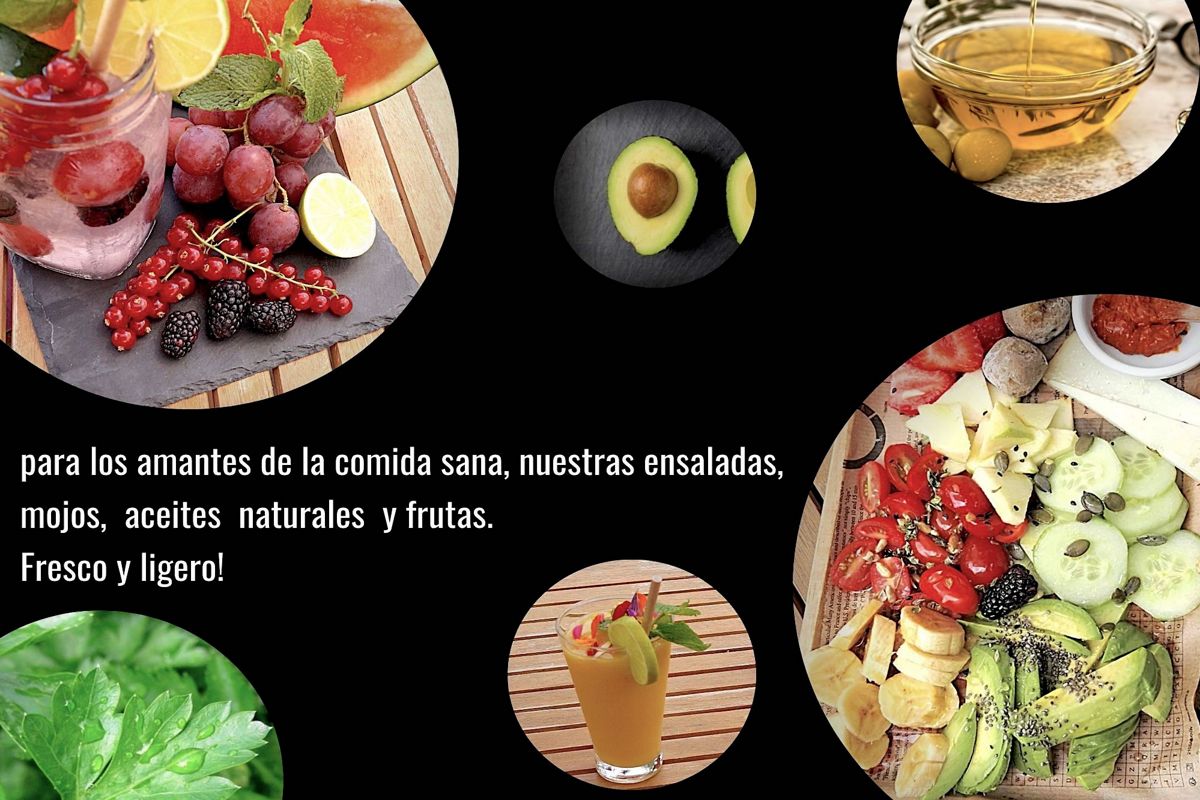Drink met fruit en tekst: voor liefhebbers van gezond eten, onze salades, mojo's, natuurlijke oliën en fruit. Vers en licht!.