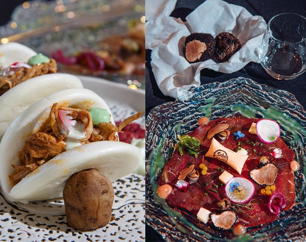 Bao rolls met vleesvulling en tonijntartaar met garnering in Tenerife.