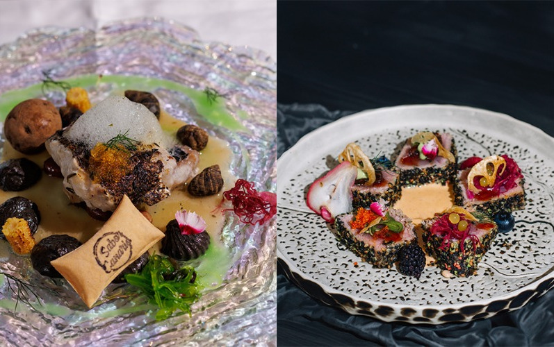 Gourmetgerechten met vis en bijgerechten in een restaurant op Tenerife.