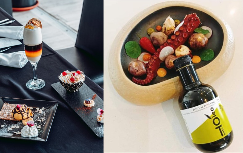 Gastronomisch dessert en een fles olie met octopus en groenten op een bord op Tenerife.